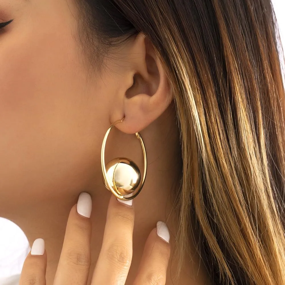 Chunky Round Ball Hoop Dangle Earrings for Women Minimalist Gold Plated Geometric Thick Huggie Earrings Exaggerated Punk Statement Jewelry Gifts