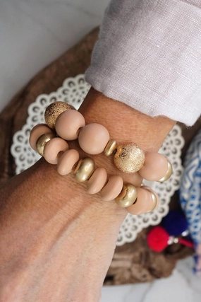 Chunky Beaded Bracelets set in Taupe Pink Wooden and Golden beads Organic Feel Bygone Beauty