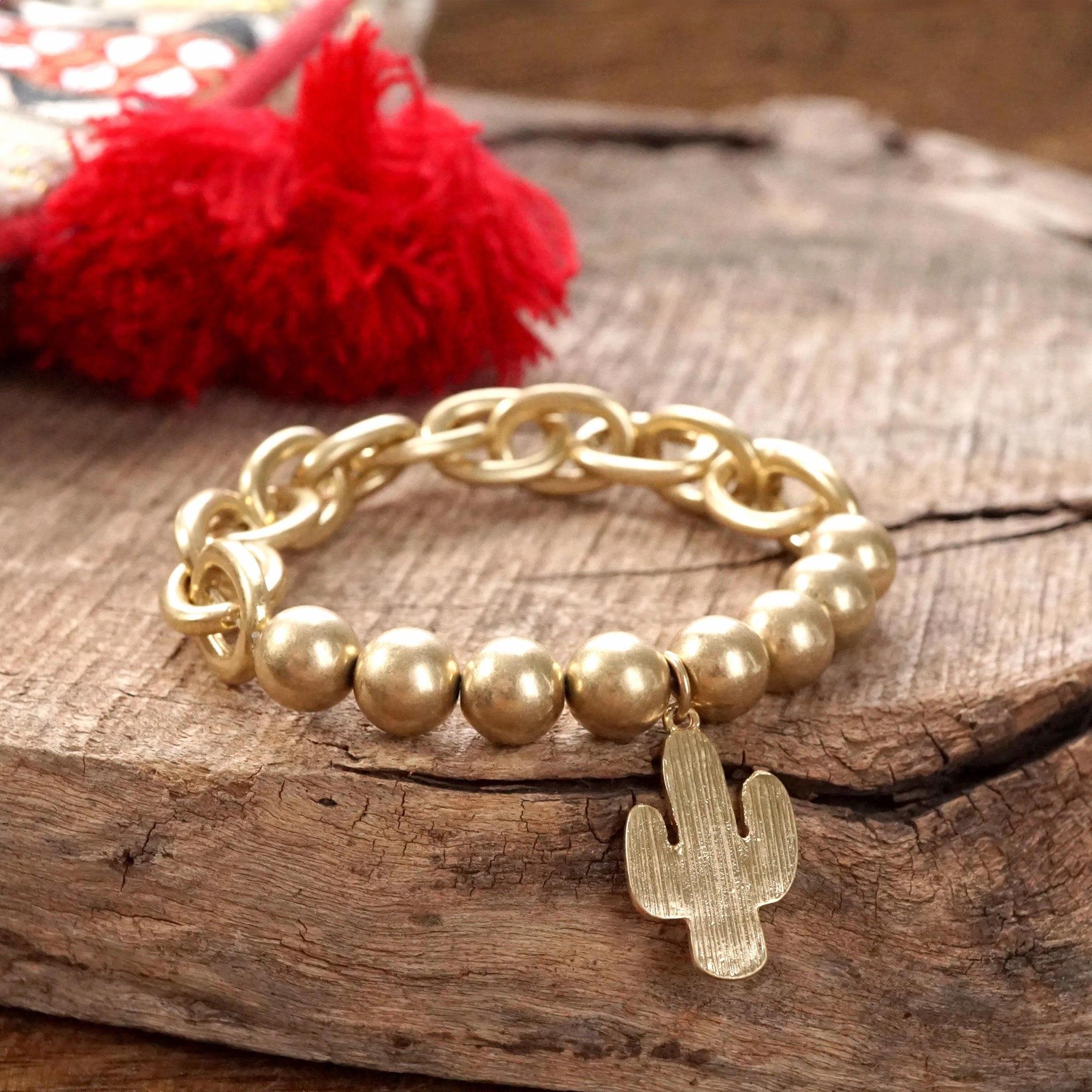 Chunky Chain and Beads Cactus Bracelet in Worn Gold Tone Peerless Detail Heirloom Tale