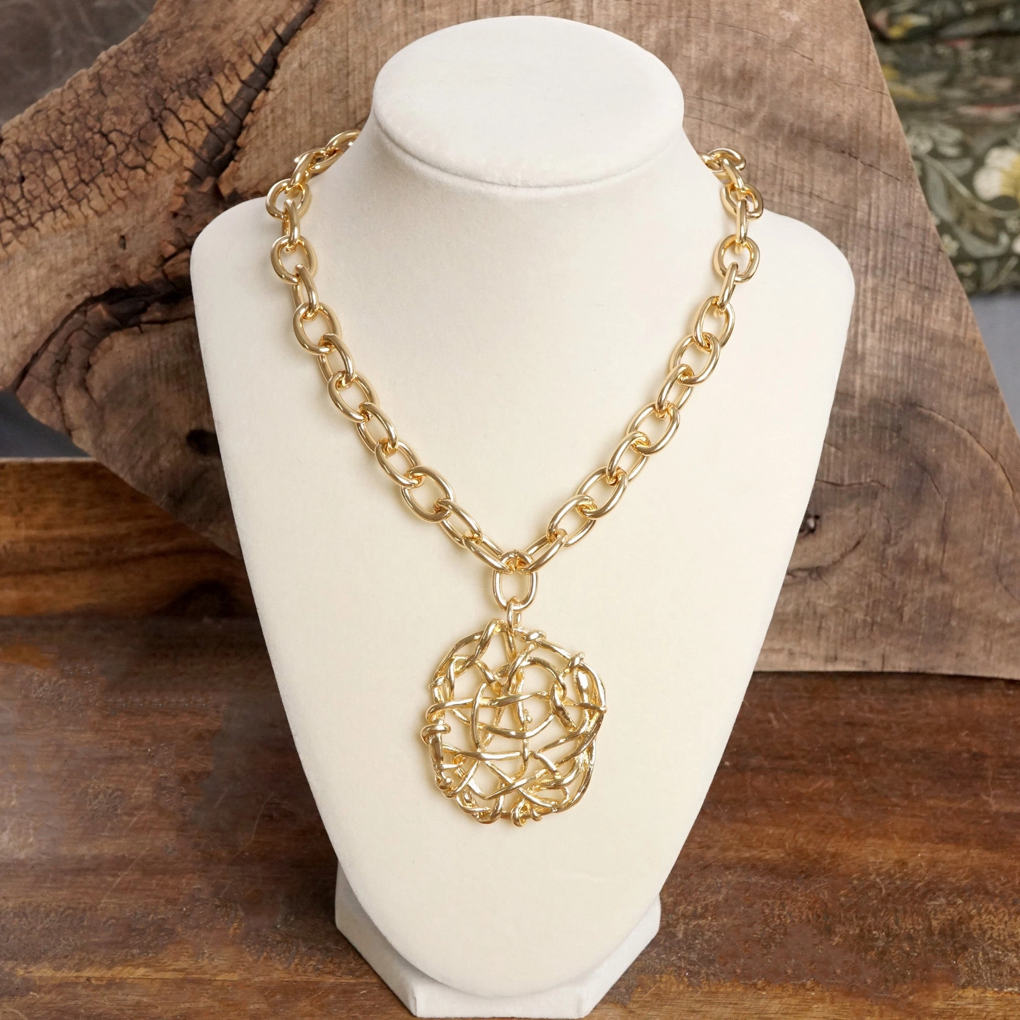 Chunky Chain Tangled Pendant Statement Necklace in Gold Tone Timeless Gift