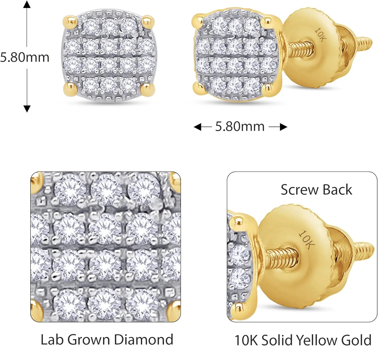 Circle Cluster Stud Earrings for Men 1/6 Cttw Round Natural or Lab Grown Diamond Ear Studs with Screw Backs in 10K Solid Gold and 925 Sterling Silver Jewelry Gift for Him