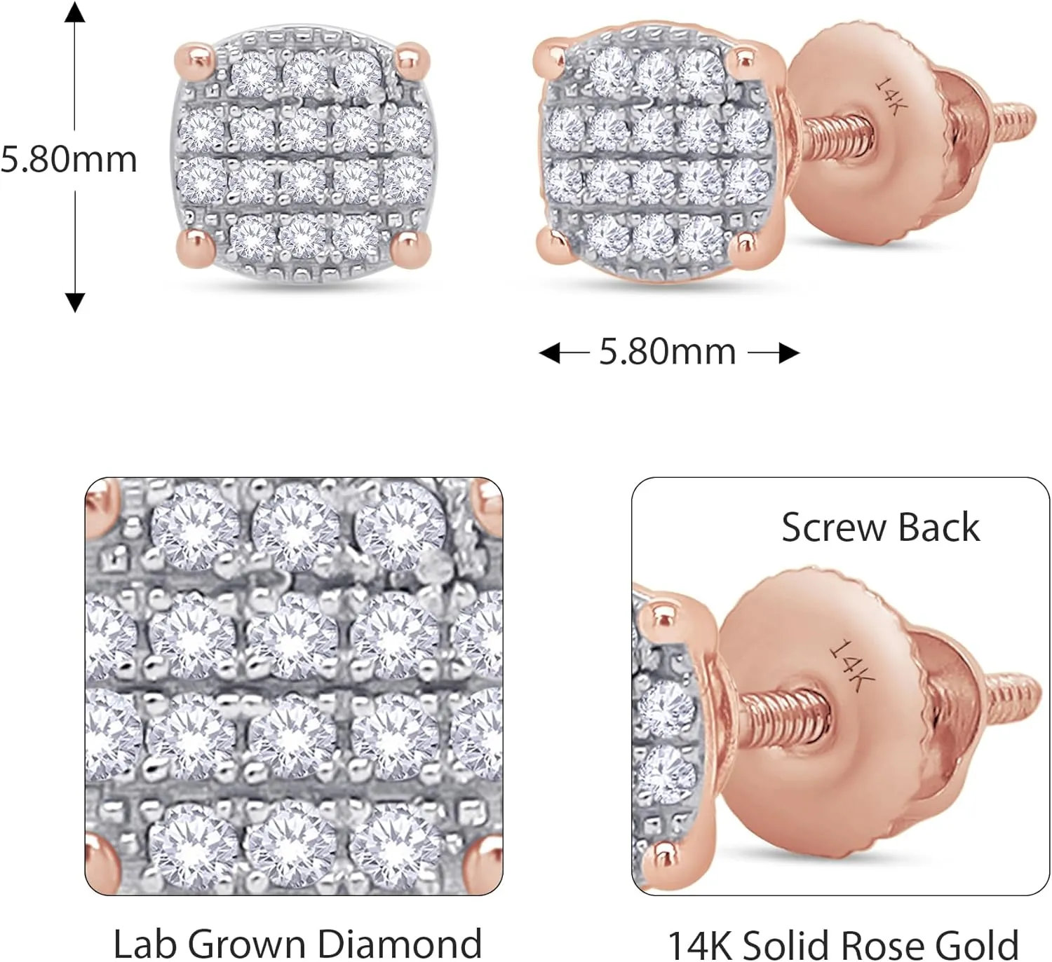 Circle Cluster Stud Earrings for Men 1/6 Cttw Round Natural or Lab Grown Diamond Ear Studs with Screw Backs in 14k Solid Gold Jewelry Gift for Him