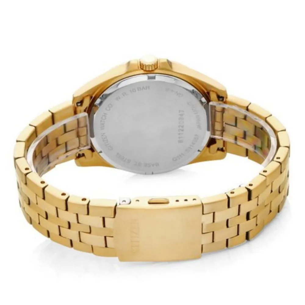 Citizen Eco-Drive Mens Gold Stainless Steel Band Black Quartz Dial Watch - BI5052-59E
