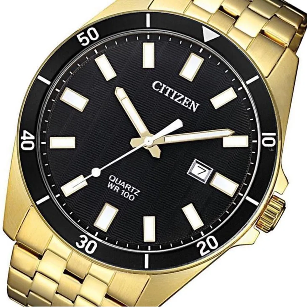 Citizen Eco-Drive Mens Gold Stainless Steel Band Black Quartz Dial Watch - BI5052-59E