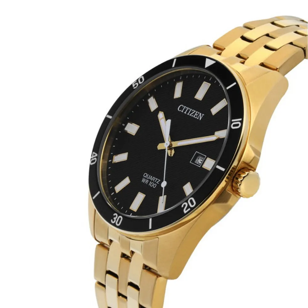 Citizen Eco-Drive Mens Gold Stainless Steel Band Black Quartz Dial Watch - BI5052-59E
