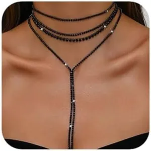 CJIAYUJEW Layered Rhinestone Necklaces for Women Long Y-Necklaces Sexy Crystal Choker Chain Necklaces Silver Sparkly Necklaces Wedding Bridal Jewerly