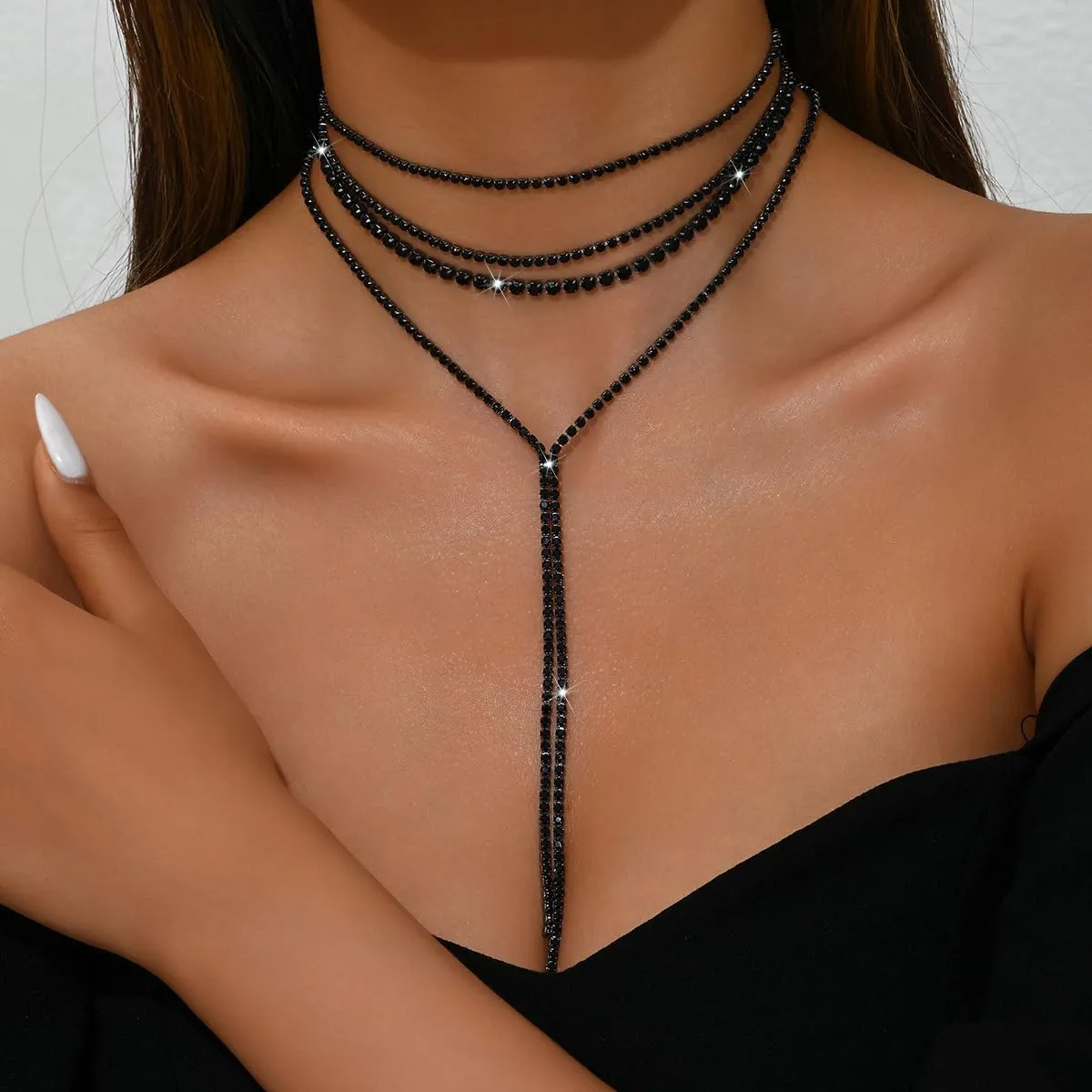 CJIAYUJEW Layered Rhinestone Necklaces for Women Long Y-Necklaces Sexy Crystal Choker Chain Necklaces Silver Sparkly Necklaces Wedding Bridal Jewerly