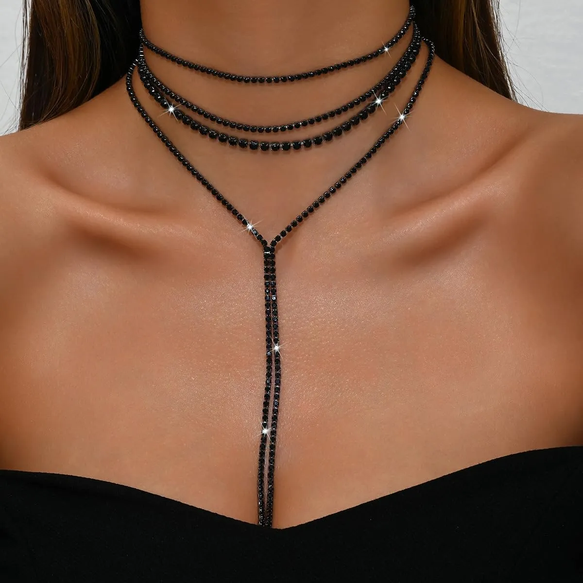 CJIAYUJEW Layered Rhinestone Necklaces for Women Long Y-Necklaces Sexy Crystal Choker Chain Necklaces Silver Sparkly Necklaces Wedding Bridal Jewerly
