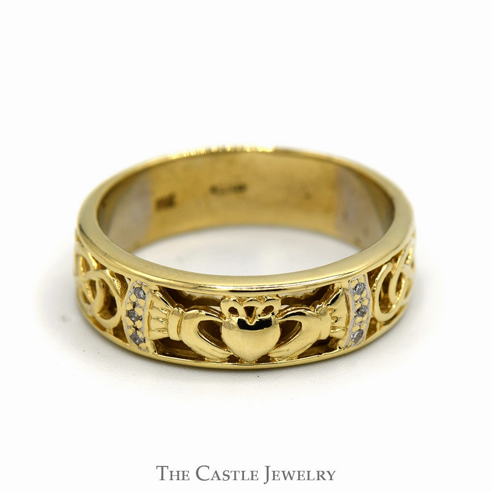 Claddagh Designed Wedding Band with Diamond Accented Celtic Knots in 14k Yellow Gold Fashion Accessory Artistic Art