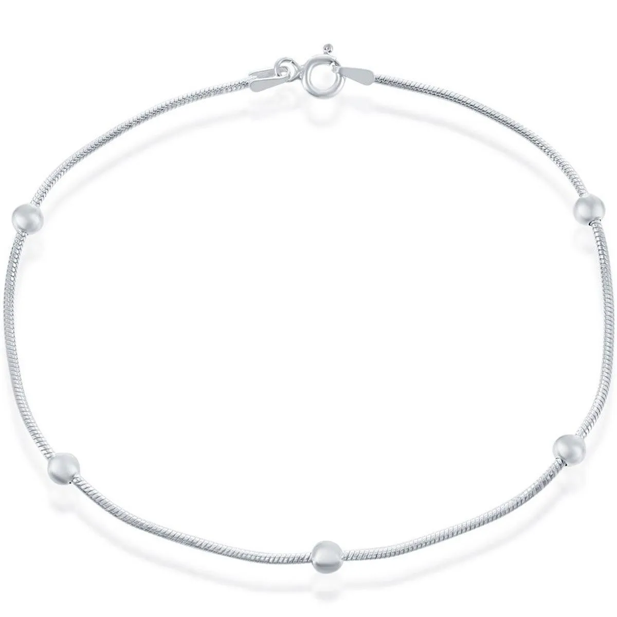Classic Women's Anklet - Silver Plated Snake Chain with 4mm Bead, 10 inch | R-9256-10