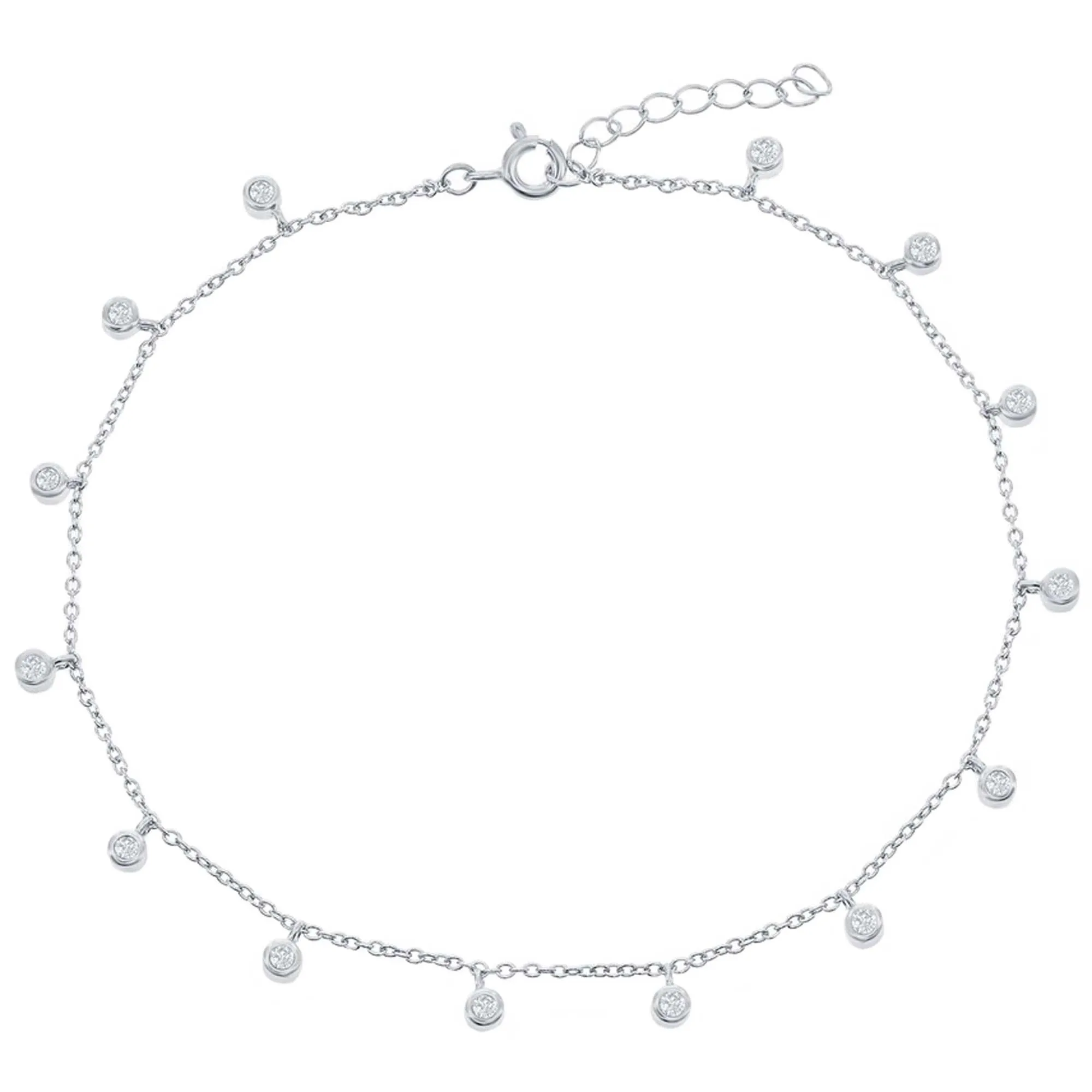 Classic Women's Anklet - Sterling Silver Bezel Set White CZ Stone Charms | R-9270