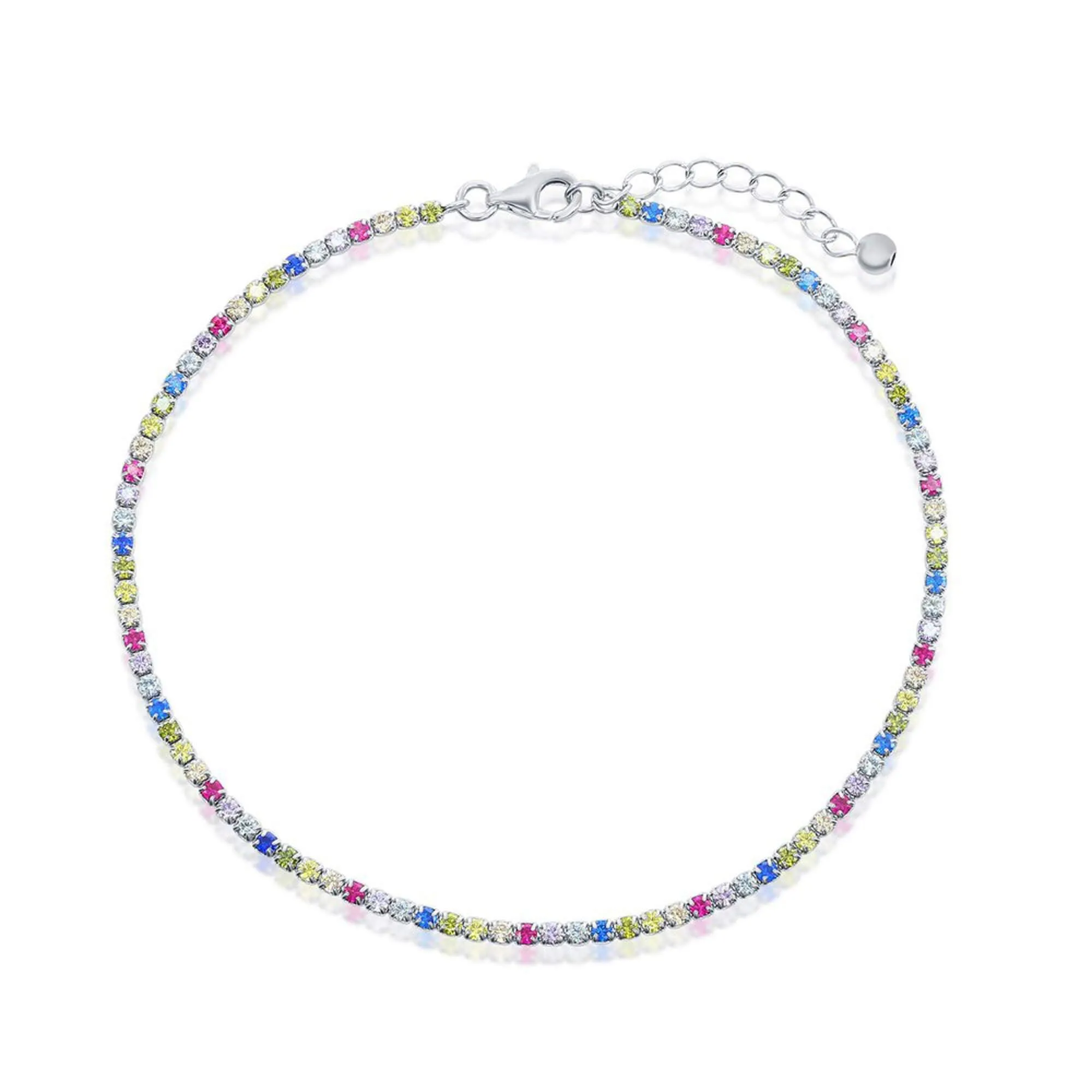 Classic Women's Anklet - Sterling Silver Multi Color Cubic Zirconia Tennis | R-9286
