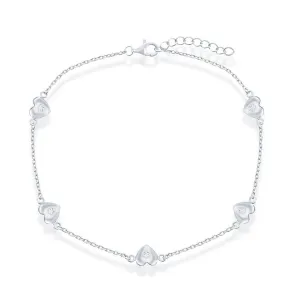 Classic Women's Anklet - Sterling Silver Station Hearts | R-9251