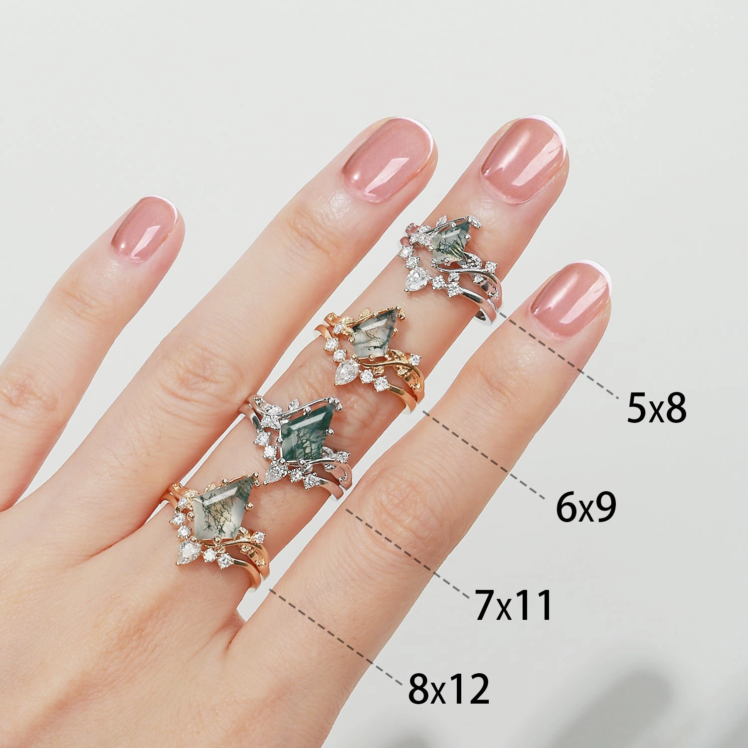 Black Gold Kite Cut Moss Agate & Lab Emerald Leafy Bridal Ring Sets 2pcs - Willow Stylish Addition