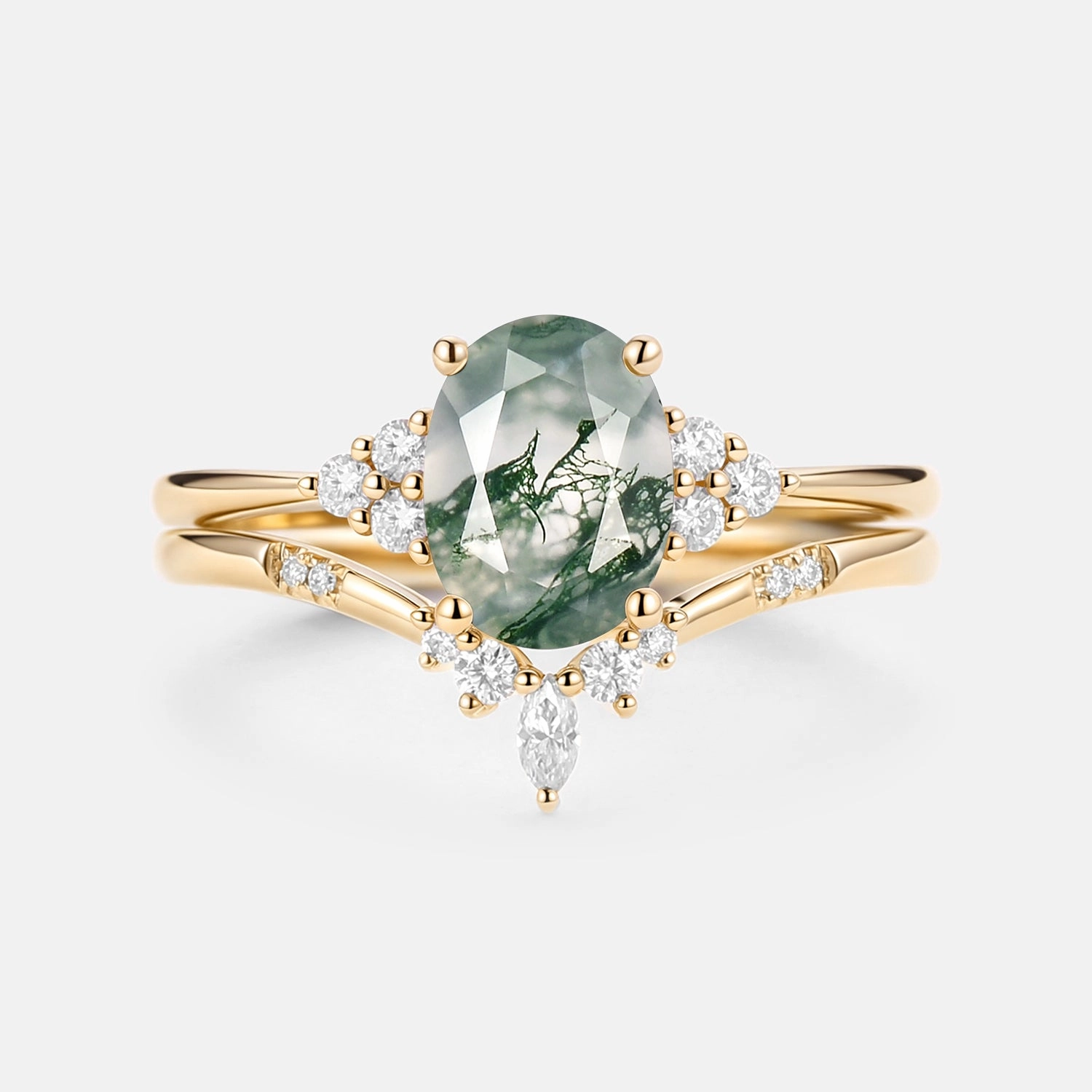 Oval Cut Moss Agate Classic Cluster Gold Ring Set 2pcs - Solara Artful Design