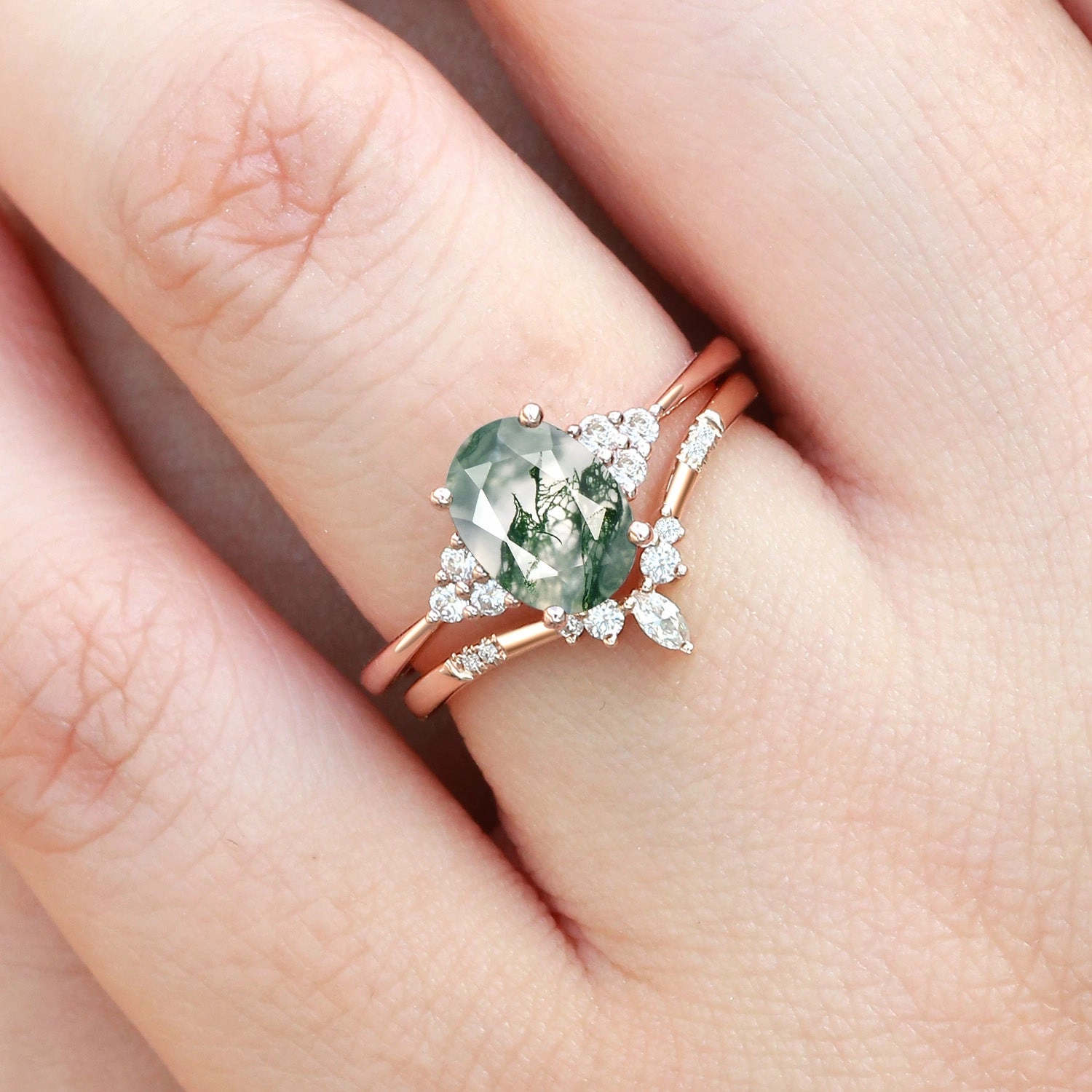 Handmade Jewelry Chic Glow Oval Cut Moss Agate Classic Cluster Gold Ring Set 2pcs - Solara