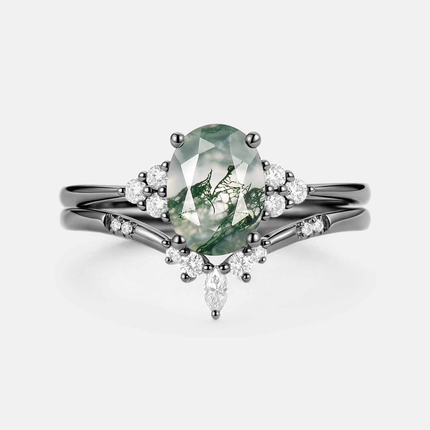 Oval Cut Moss Agate Classic Cluster Gold Ring Set 2pcs - Solara Spark Moment Classic Choice