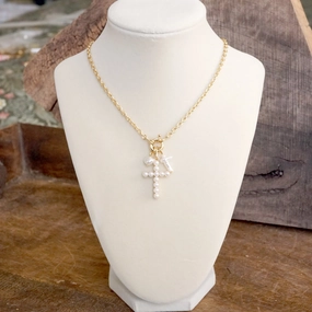 Elegant accessory Classic Dainty Cross and Pearls Necklace ?C Gold Tone