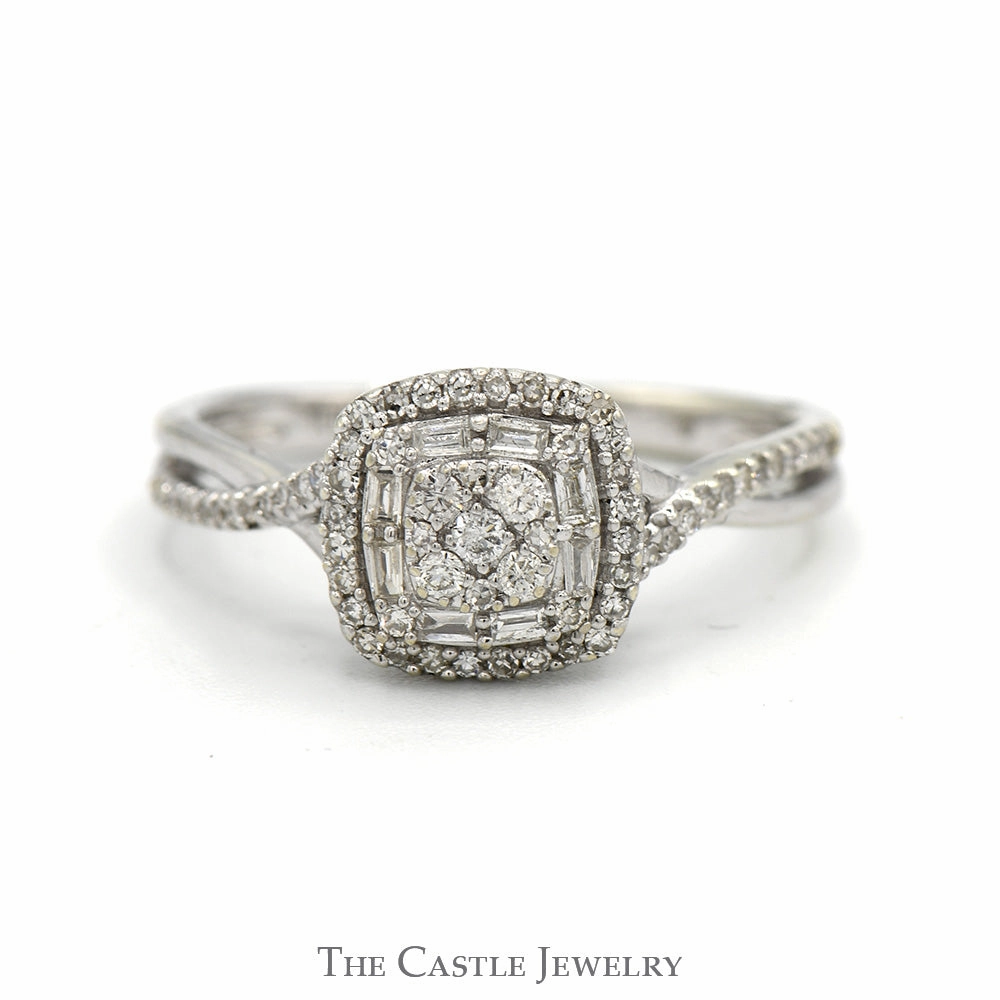 Square Shaped Round and Baguette Cut Diamond Cluster Engagement Ring in 10k White Gold Unique Keepsake Designer Expression