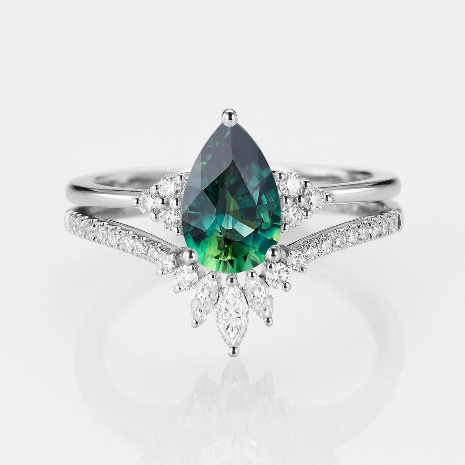 Classic Engagement - Pear Teal Sapphire Engagement Ring Set 2pcs - Lydia Luxury Flow