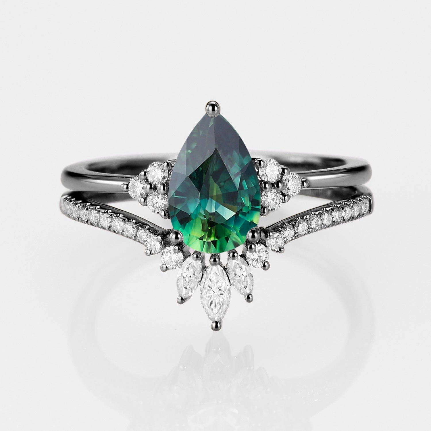 Vintage Detail Graceful Accessory Classic Engagement - Pear Teal Sapphire Engagement Ring Set 2pcs - Lydia