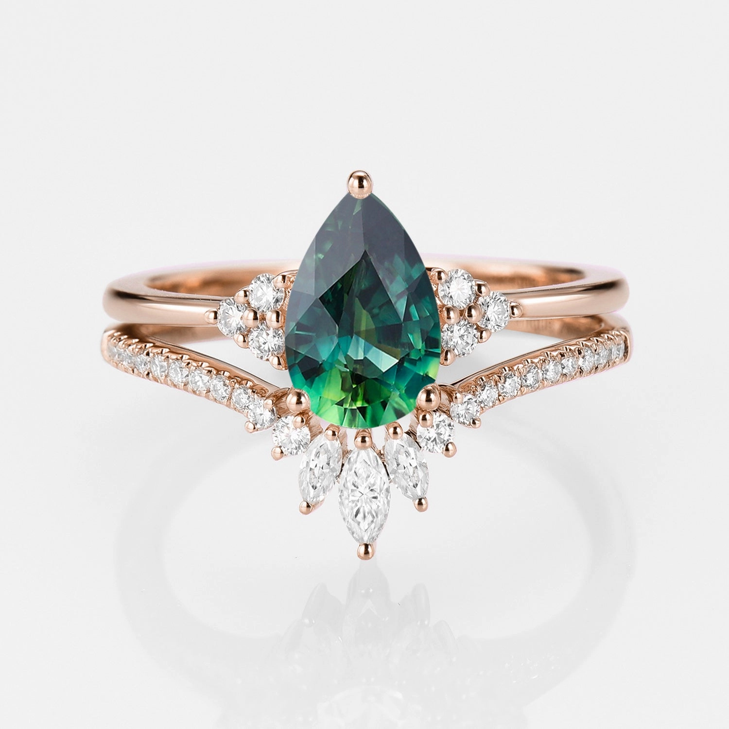 Dazzling Highlight Classic Engagement - Pear Teal Sapphire Engagement Ring Set 2pcs - Lydia