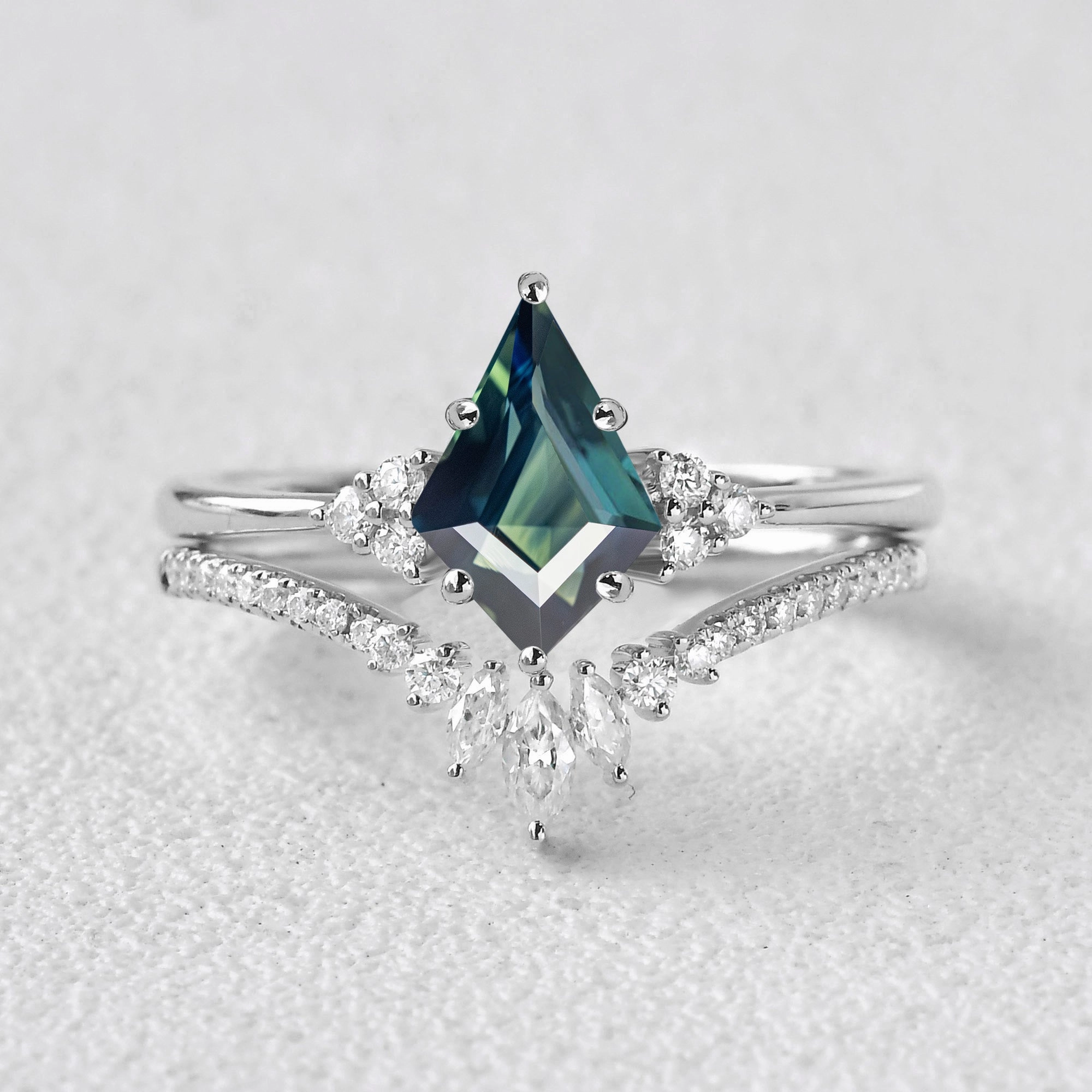 Classic Engagement - Unique Teal Sapphire Engagement Ring Set 2pcs - Lydia Exclusive Sparkle