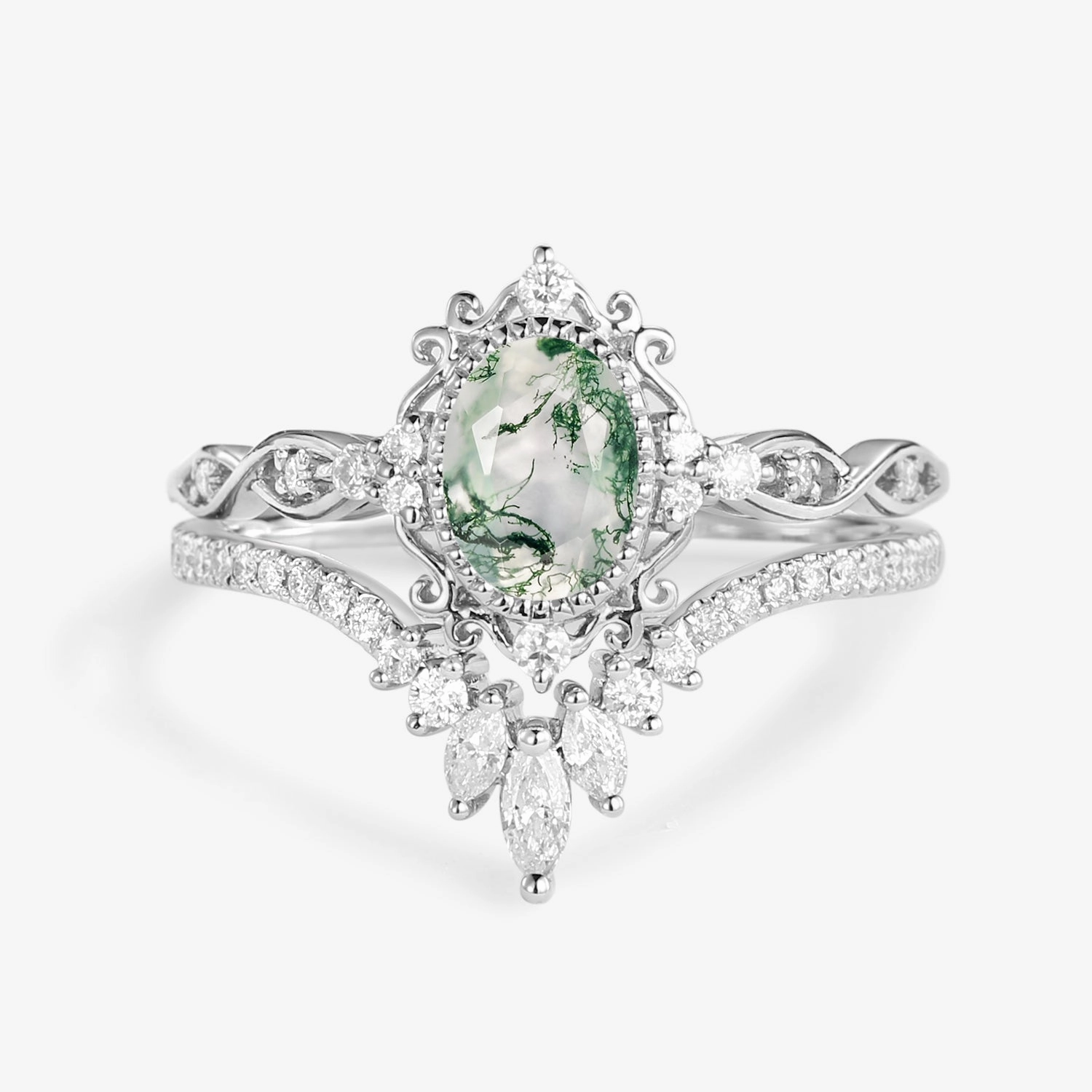 Classic Finish Glamorous Mood Oval Cut Vintage Moss Agate Engagement Ring Set 2pcs - Linden