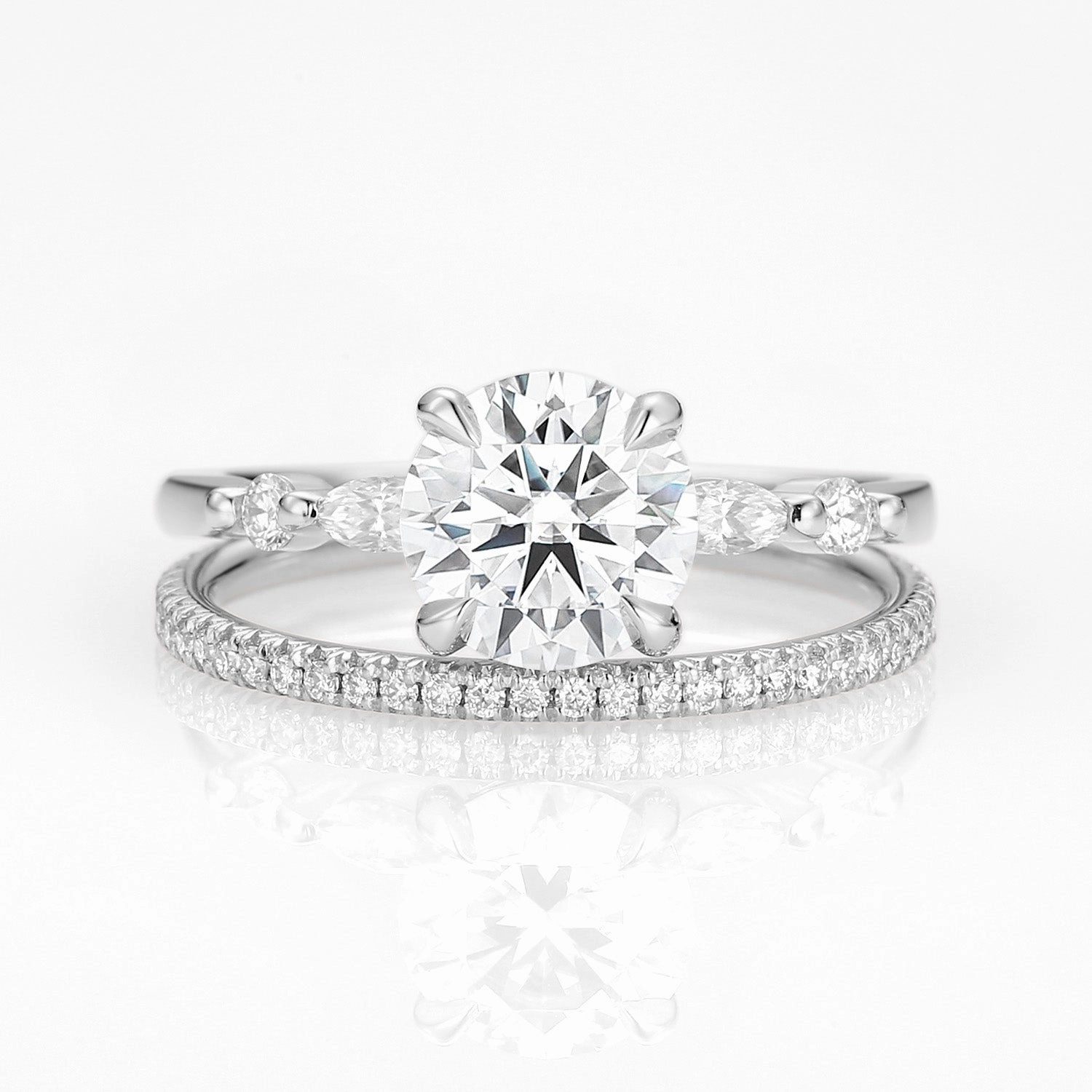 Timeless Line Detail Pop Classic Four Prongs Moissanite Ring Set 2pcs - Carla