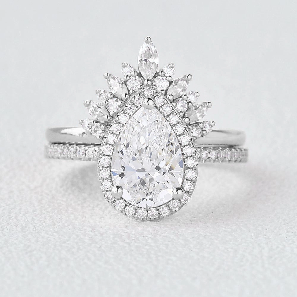 2.0 Classic Pear Cut Lab Grown Diamond Halo Ring Set 2pcs Fashion Appeal
