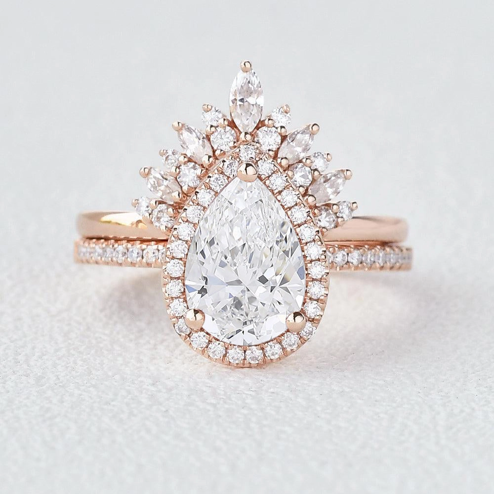 2.0 Classic Pear Cut Lab Grown Diamond Halo Ring Set 2pcs Event Style