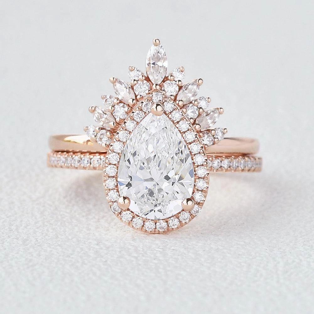 2.0 Classic Pear Cut Lab Grown Diamond Halo Ring Set 2pcs Simple pieces