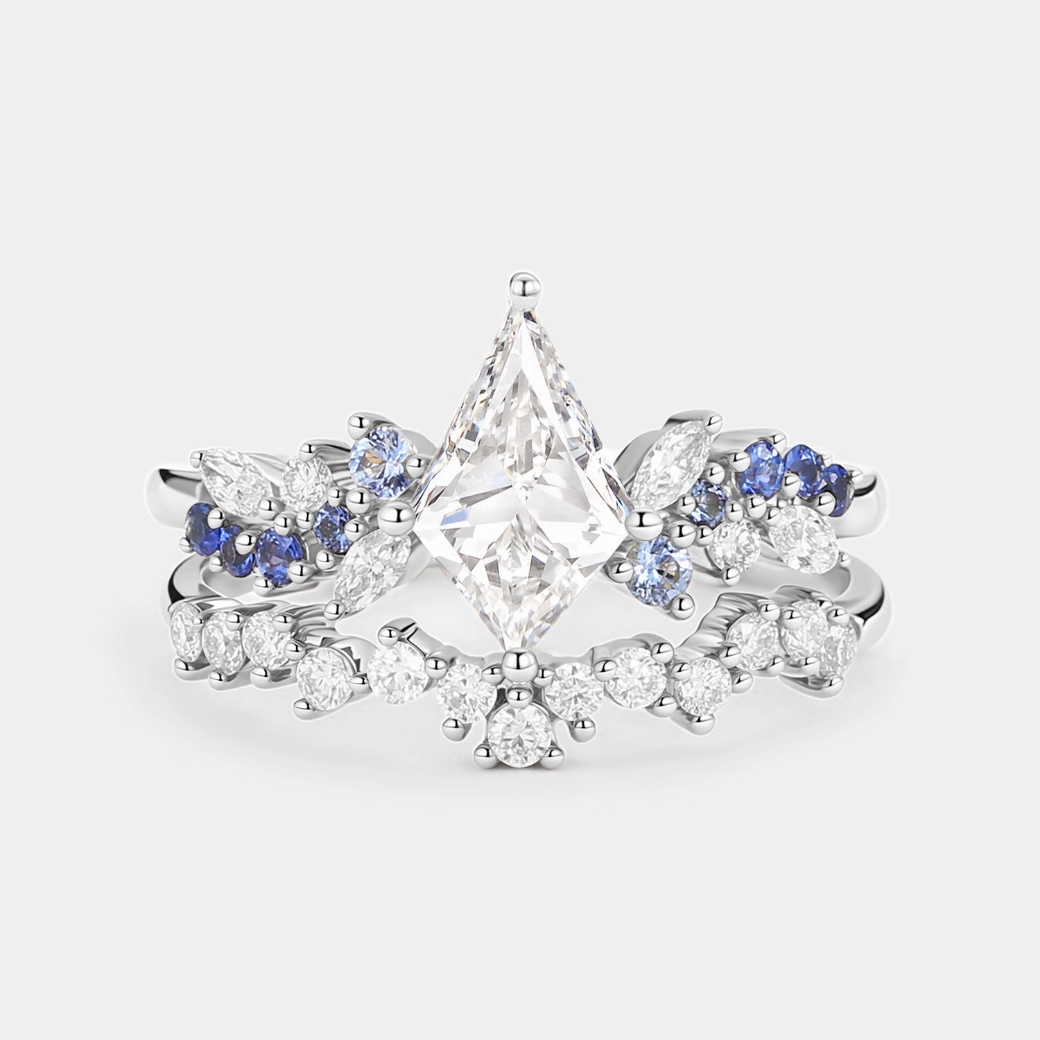 Minimalist Edge Stylish Line Kite Lab Grown Diamond & Sapphire Engagement Ring Set 2PCS - Ethereal