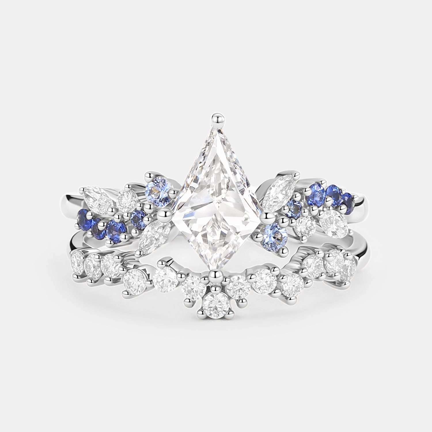 Artful Feature Kite Lab Grown Diamond & Sapphire Engagement Ring Set 2PCS - Ethereal