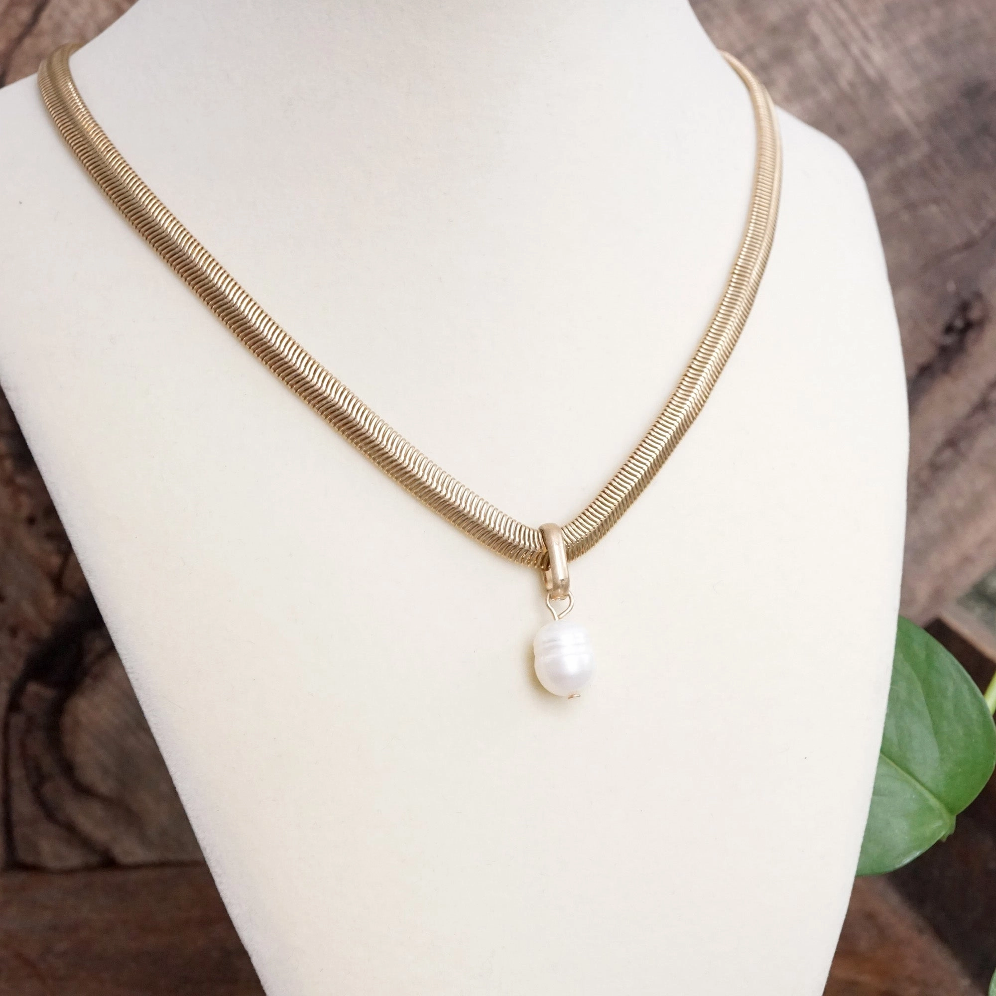 Classic Herringbone Necklace with a Freshwater Pearl Worn Gold Silver Gunmetal Family Present