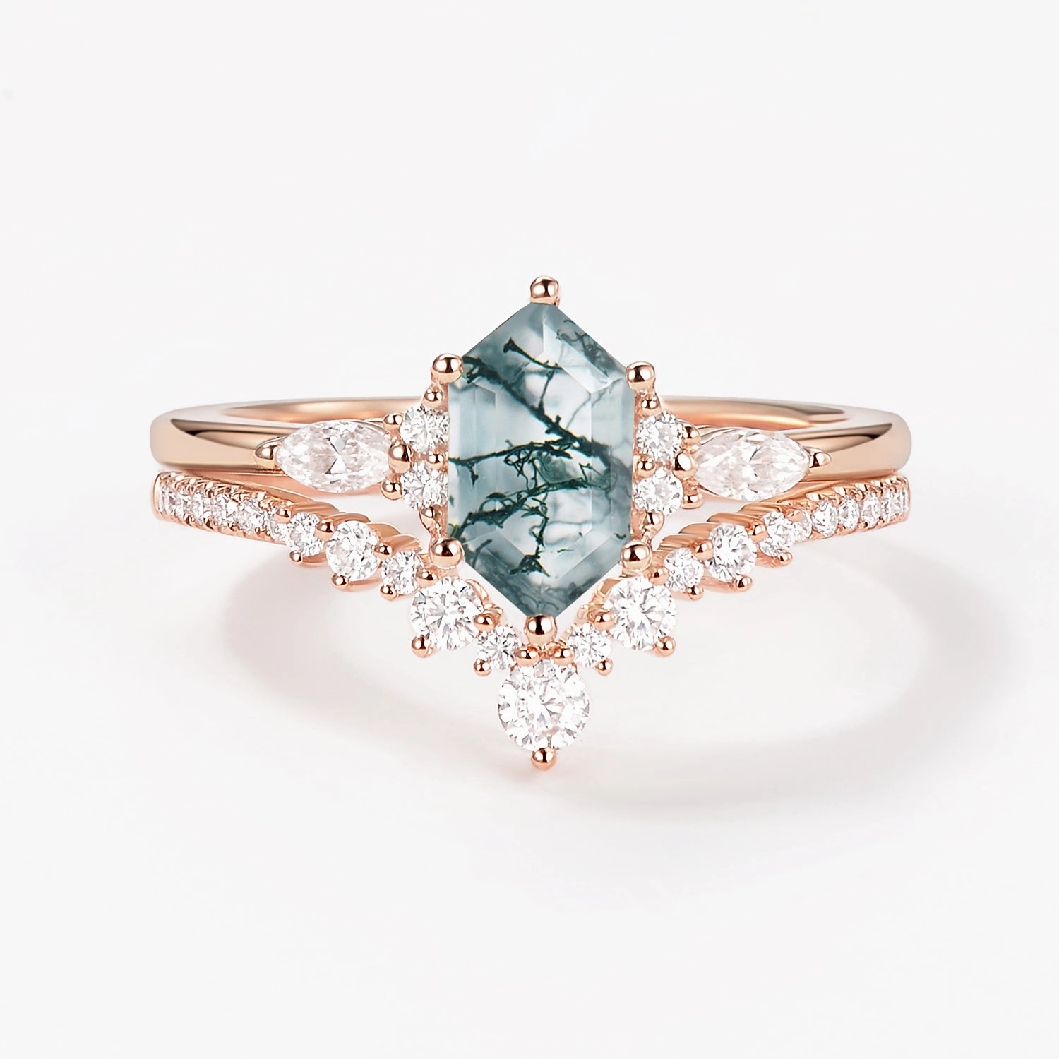 Anniversary Surprise Long Hexagon Black Rutilated Quartz Cluster Engagement Ring Set 2pcs