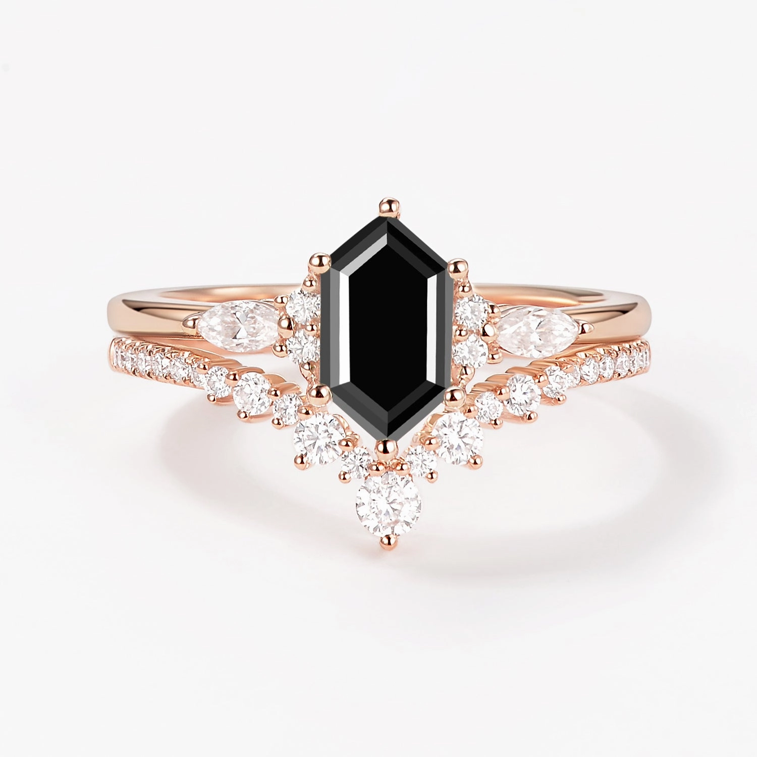 Charming Piece Work Accent Long Hexagon Black Rutilated Quartz Cluster Engagement Ring Set 2pcs