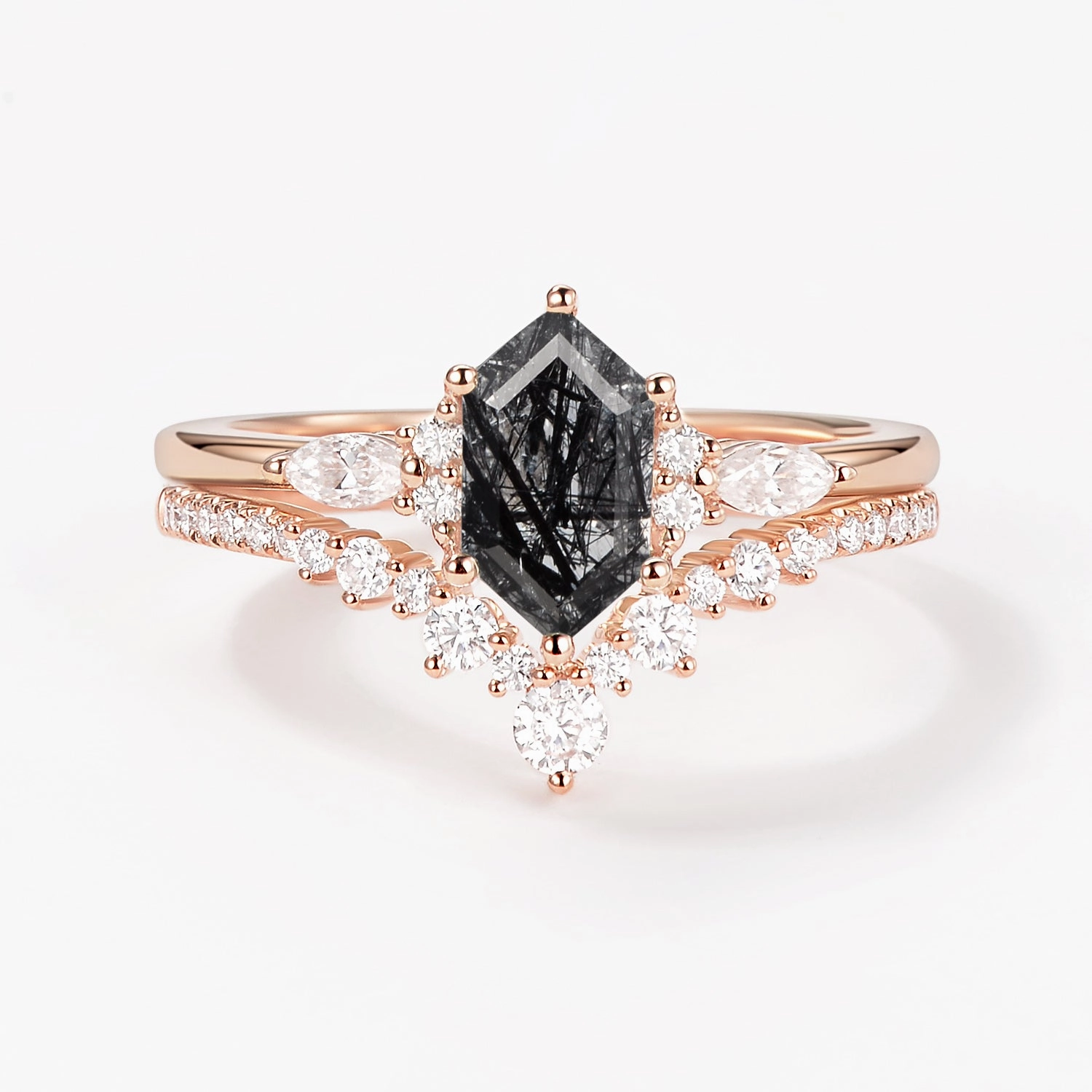 Long Hexagon Black Rutilated Quartz Cluster Engagement Ring Set 2pcs Eternal Classic