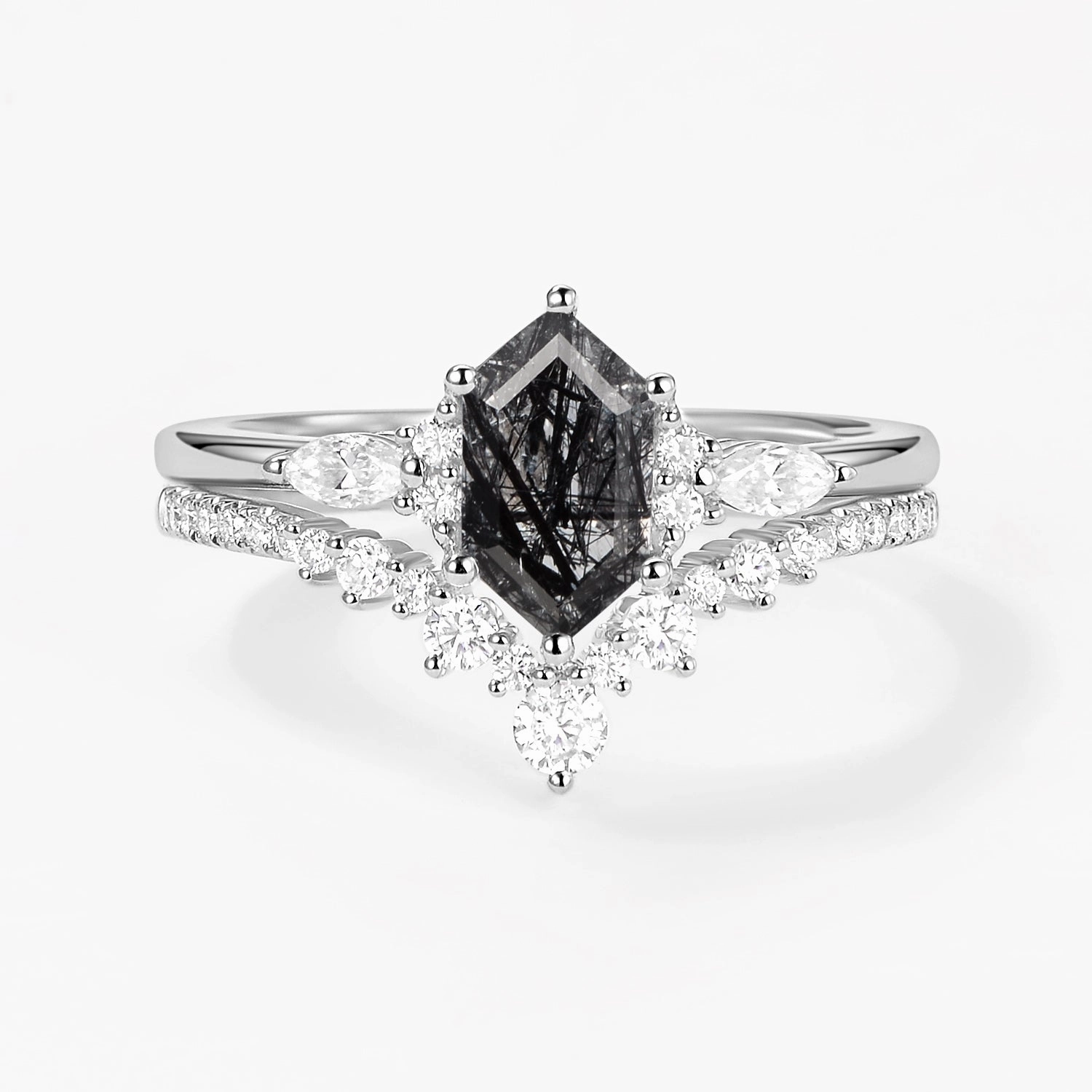 Long Hexagon Black Rutilated Quartz Cluster Engagement Ring Set 2pcs Chic Evening Fashion Look