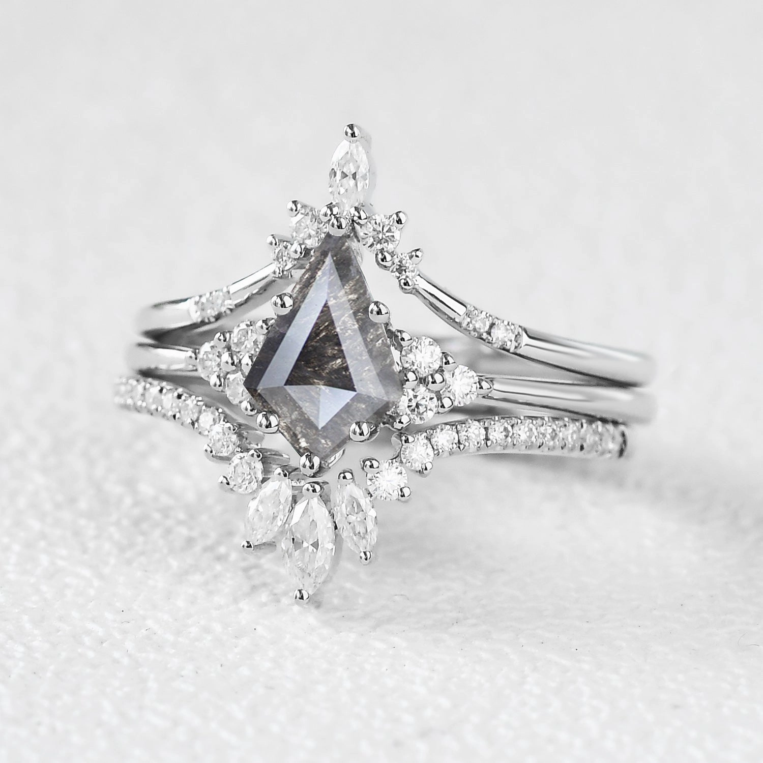 Kite Cut Darker Salt and Pepper Diamonds Ring Set 3pcs Sleek Touch Chic Highlight
