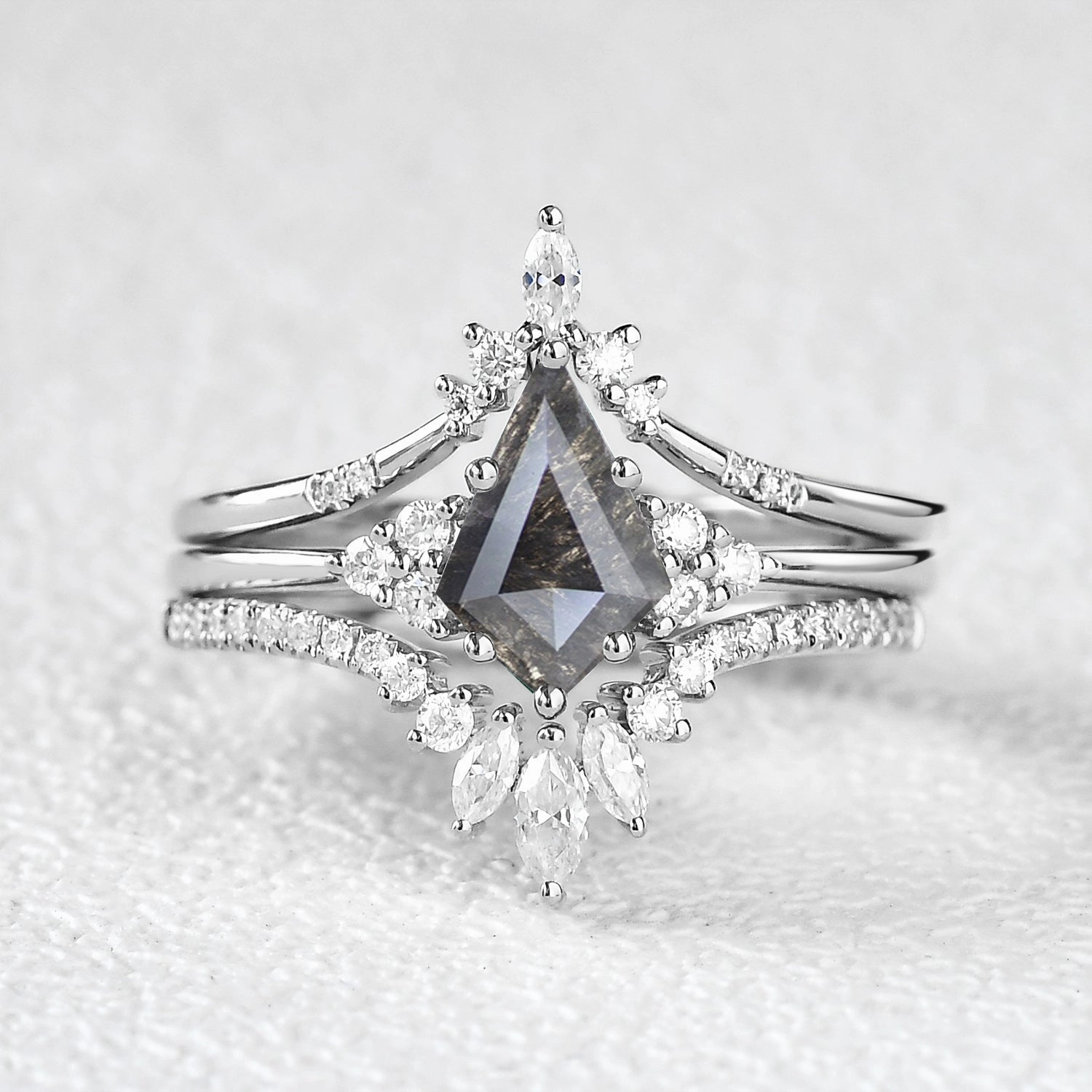 Kite Cut Darker Salt and Pepper Diamonds Ring Set 3pcs Timeless Jewelry Look