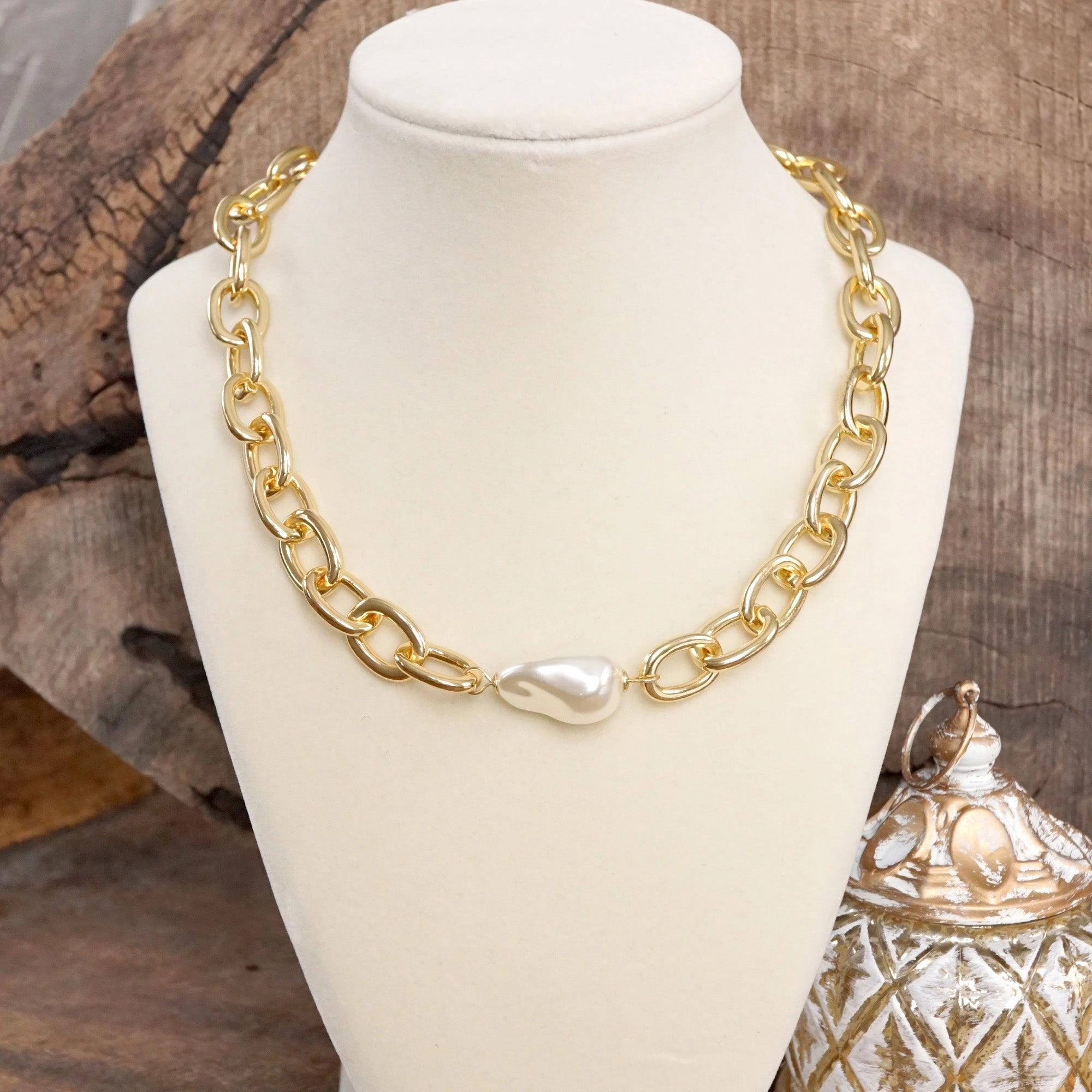Chunky Chain Necklace With a Large Pearl in Gold tone Elegant adornment Folk Piece