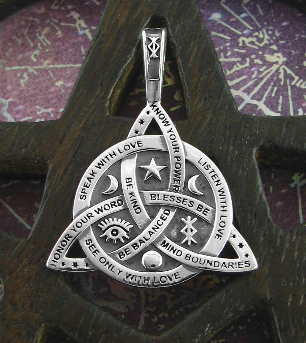 High-End Jewelry Triquetra Knot Pendant With Inspiring Words Of Wisdom, Oxidized
