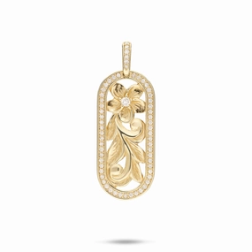 Graceful Line Hawaiian Heirloom Plumeria Pendant in Gold with Diamonds - 27mm