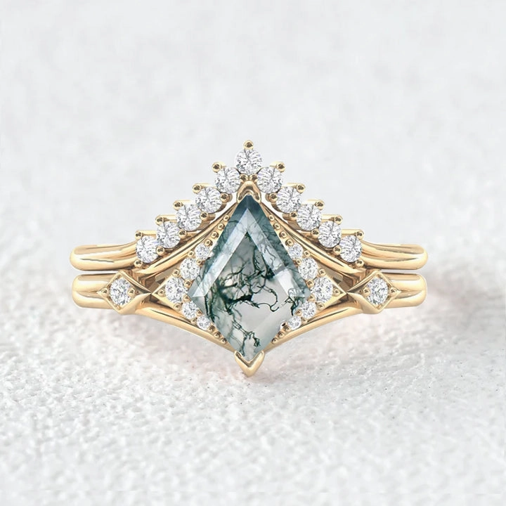 Kite Cut Moss Agate Art-Deco Gorgeous Engagement Ring Set 2pcs Mood Accent