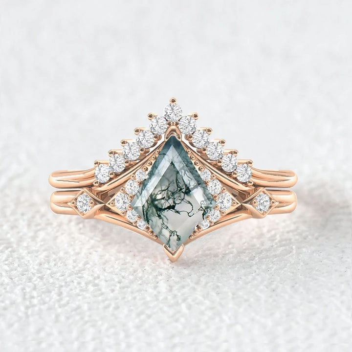Charming Touch Kite Cut Moss Agate Art-Deco Gorgeous Engagement Ring Set 2pcs