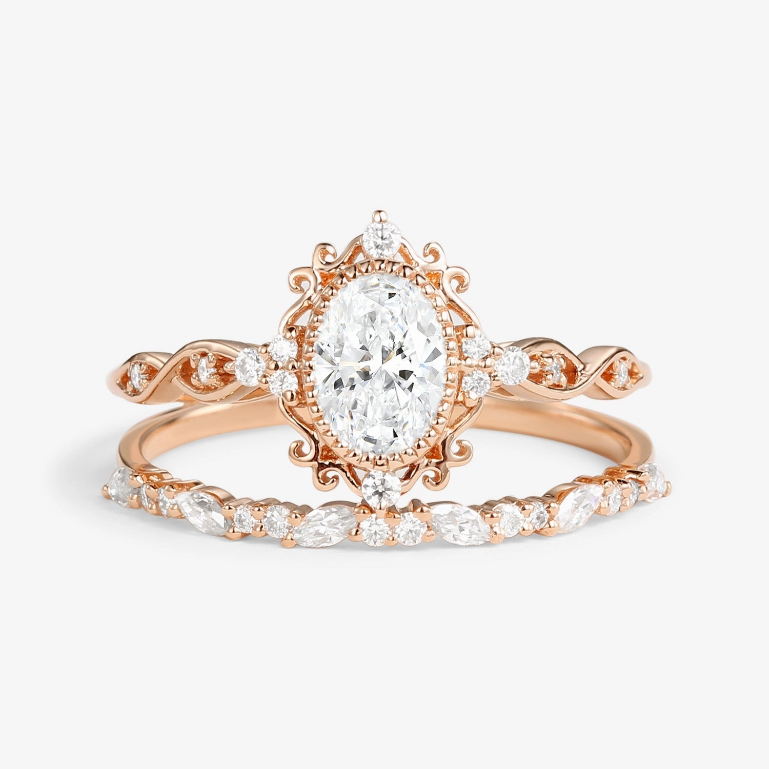 Vintage Victorian Oval Lab Grown Diamond Ring Set 2pcs - Margaret Distinctive Accent