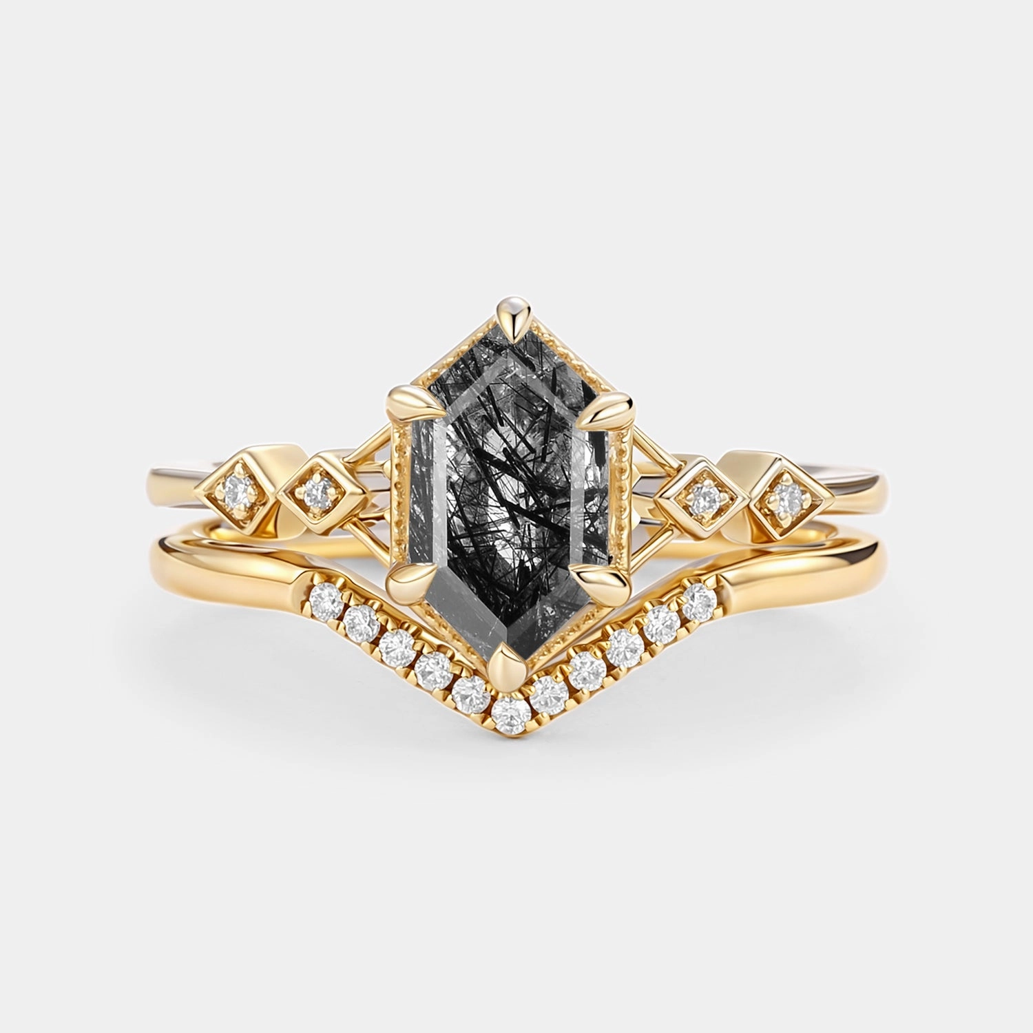 Luxe Mood Black Rutilated Quartz Cluster Elongated Hexagon Engagement Ring Set 2pcs - Druk