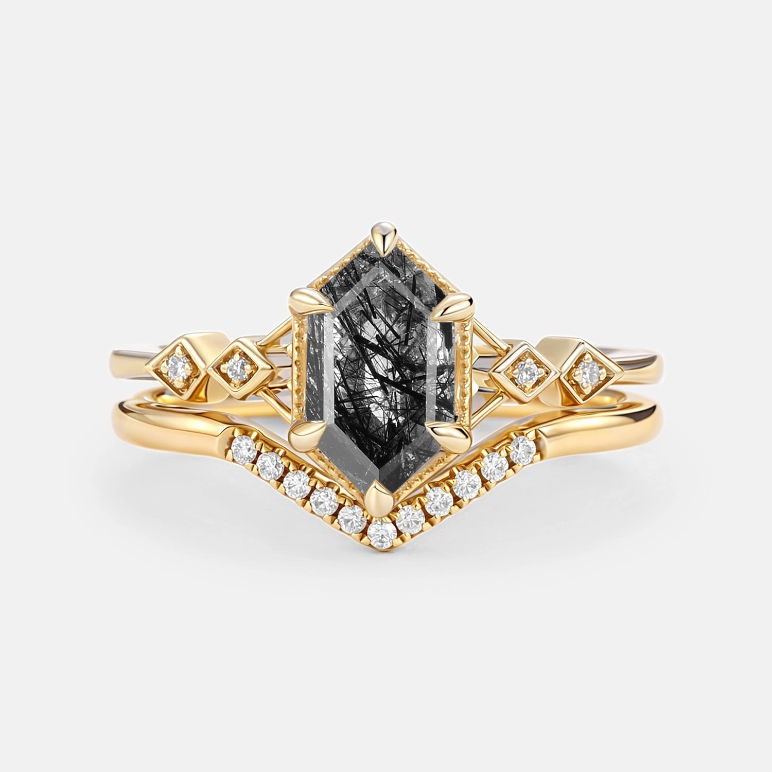 Black Rutilated Quartz Cluster Elongated Hexagon Engagement Ring Set 2pcs - Druk Finishing Accent Gift Appeal