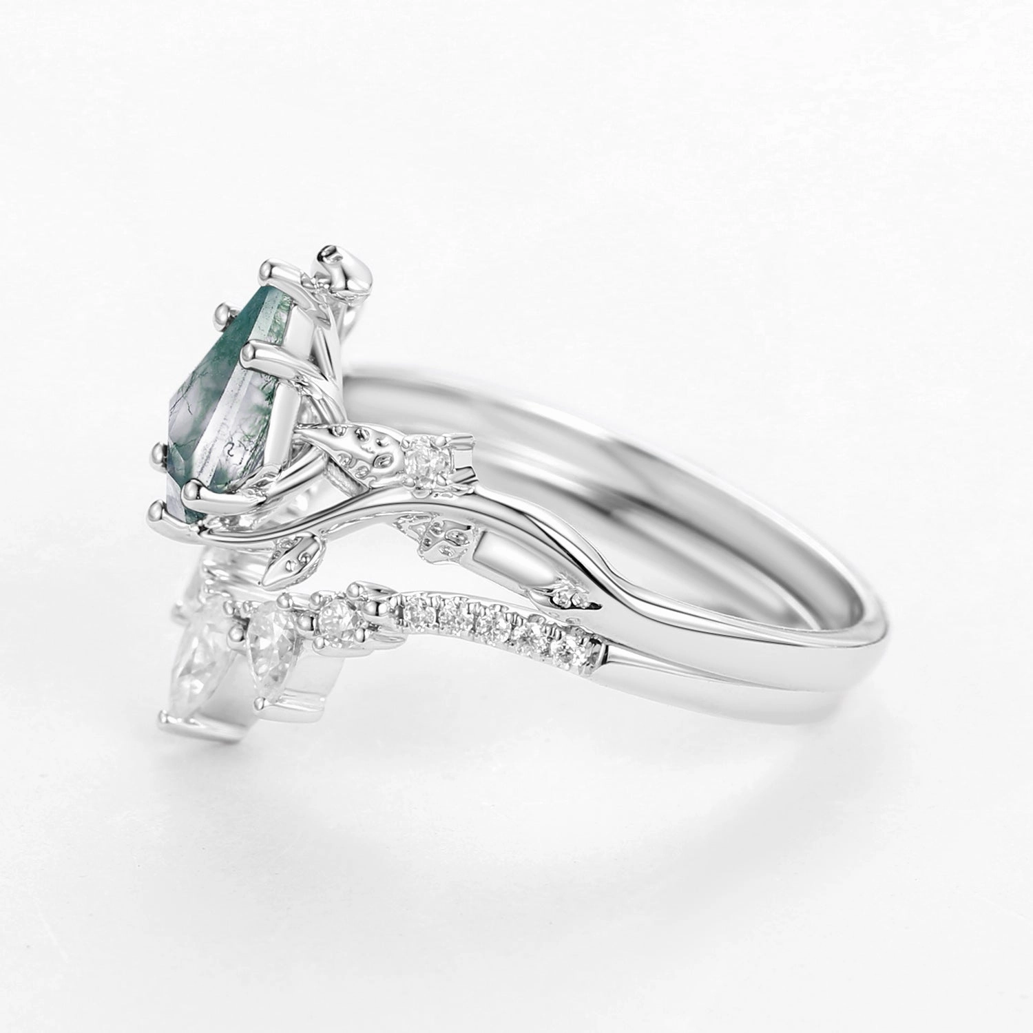 Shimmer Detail Kite Cut Moss Agate Leafy White Gold Engagement Ring Sets 2pcs